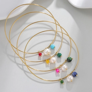 Set of 5 minimalist gold titanium steel bangles with colorful stone and pearl charms