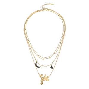 Three-layer gold stainless steel necklace with paperclip chain and star moon pendants