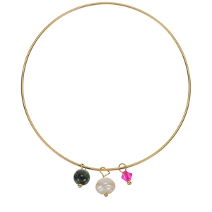 Gold titanium choker with turquoise, pearl and pink crystal charms on white background