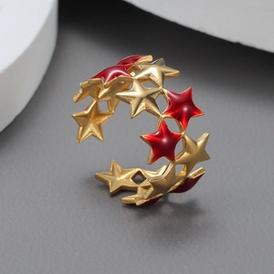 Adjustable gold stainless steel ring featuring multi-star motifs with red enamel finish