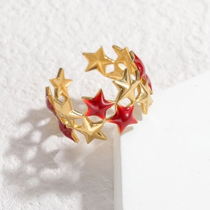 Double-layered open star ring in gold finish with red enamel details for women