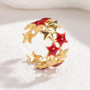 Minimalist double-layer gold pentagram open ring with vibrant red star enamel accents