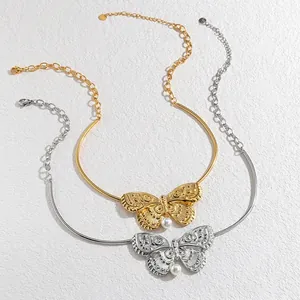 Choker Pendentif Papillon Künstliche Perle Vintage Acier Inoxydable Or Argent Elégant Collier Ajustable Bijoux Mode Femme