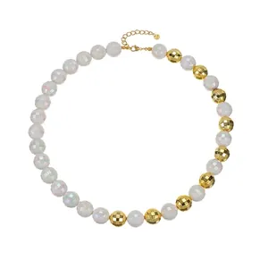 Collier Perlé pour Femme en Acier Inoxydable 304 Blanc Irissé Or Perles Facettées Chaîne de Pull Longue Réglable