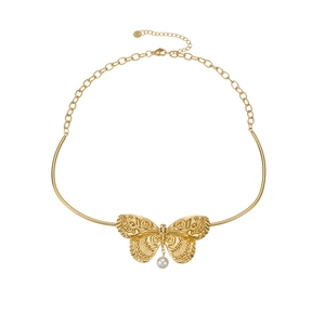 Collier ras du cou vintage français papillon et perle en acier inoxydable doré