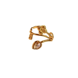 Adjustable gold flower wrap ring with crystal droplet for women in stainless steel