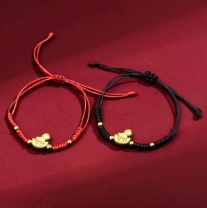Handmade red and black braided bracelets with gold ingot charm and lucky inscriptions
