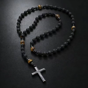 Natural Lava Stone Tiger Eye Beaded Cross Necklace For Men Religious Rosary Pendant Copper Jewelry Vintage Amulet Gift