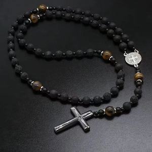 Mens rosary necklace with black lava rock, tiger eye beads and polished cross pendant
