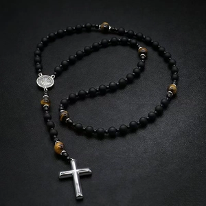 Natural lava and tiger eye stone religious cross necklace for men with Benedict medal