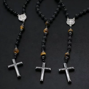 Religious men's cross necklace with matte lava rock, tiger eye beads and silver pendant