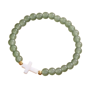 Green glass bead elastic bracelet with white cross shell pendant and golden copper accents