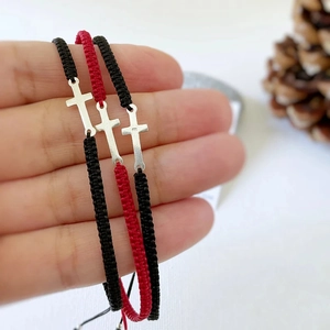 Handwoven S925 sterling silver cross bracelets in red and black for couples
