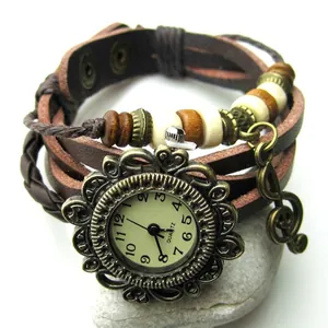 Vintage Multilayer Cowhide Bracelet Watch Alloy Music Note Pendant Sunflower Dial Handmade Woven Retro Bohemian Jewelry Women