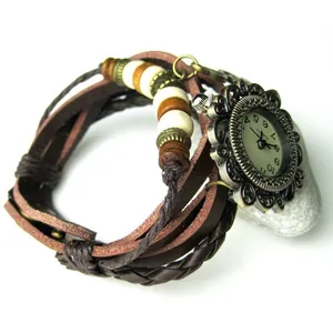 Vintage multilayer leather bracelet watch with music note pendant and beaded strap