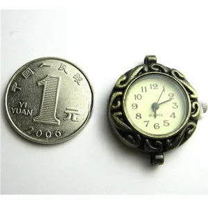 Detailed close-up of retro bronze quartz watch head with intricate hollow pattern and coin