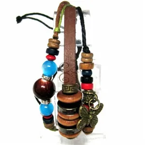 Detailed set of three bohemian leather bracelets featuring butterfly charm and colored beads