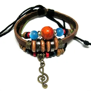 Handmade multilayer leather bracelet with colorful beads and treble clef musical pendant