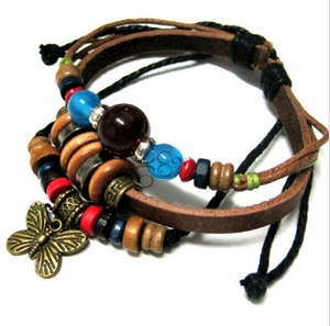 Multilayer bohemian leather bracelet with colorful turquoise beads and bronze butterfly charm