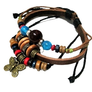 Multilayer leather wrap bracelet with colorful beads and vintage bronze butterfly charm