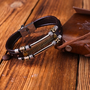 Vintage Multilayer Genuine Leather Bracelet Men Stainless Steel Alloy Inspirational Quote Rhinestone Braided Bangle Jewelry