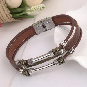 Retro multi-layer brown leather bracelet with stainless steel clasp and crystal beads