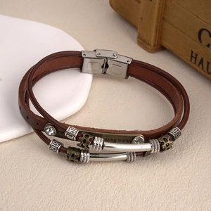 Vintage multi-layer leather bracelet with stainless steel clasp and engraved metal charm