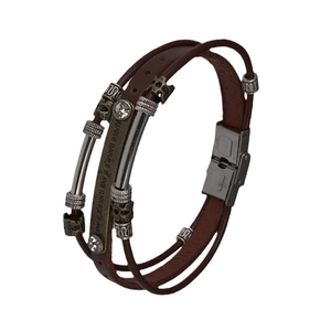 Vintage multilayer leather bracelet for men with engraved stainless steel quote plate