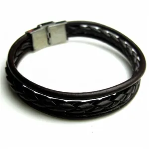 Men's vintage braided leather bracelet with multi-layer cord and metal square clasp