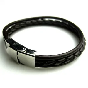 Men's vintage dark brown woven leather bracelet with a polished magnetic silver buckle