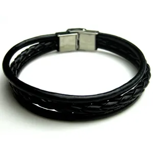 Men's triple-layer woven black leather bracelet with a silver stainless steel magnetic clasp