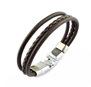 Detail view of men's triple-layer braided leather bracelet with stainless steel clasp