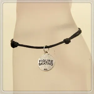 Figure Skating Round Charm Bracelet Wax Cord Alloy Sporty Handcrafted Adjustable Jewelry For Women Men Athletes Gift