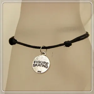 Adjustable black cord figure skating bracelet with engraved 925 silver metal pendant