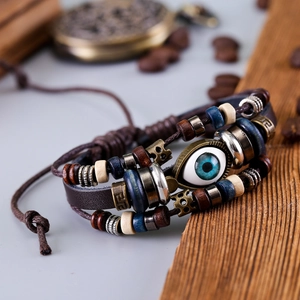 Bracelet multicouche en cuir rétro avec œil protecteur, cordes tressées et perles bois