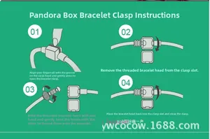 Step-by-step diagram showing how to open, assemble, and close a beaded charm bracelet clasp