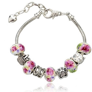 Vintage Alloy Purple Floral Ceramic Beaded Bracelet Heart Clock Charms Silver Snake Chain Jewelry For Women Daily Gift