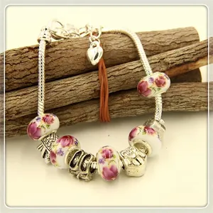 Silver snake chain bracelet with purple floral ceramic beads and heart mom pendant charm
