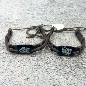Punk woven leather bracelet set with wolf totem resin pendants and adjustable cord