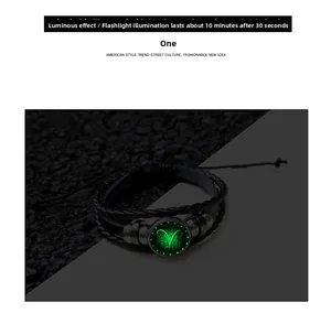 Luminous Aries zodiac leather bracelet with glow-in-the-dark glass charm and silver beads