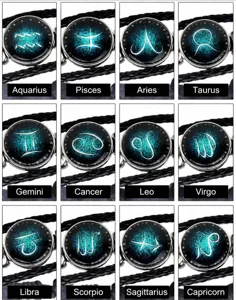 Grid view of 12 adjustable zodiac signs bracelets with woven leather and glass domes