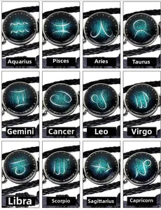Grid view of 12 adjustable zodiac signs bracelets with woven leather and glass domes