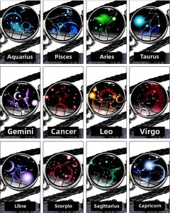 Detail showing twelve zodiac multilayer bracelets with glowing glass pendants and leather cord