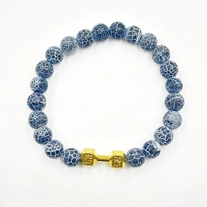 Blue dragon vein agate beaded bracelet with gold fitness dumbbell charm for men and women