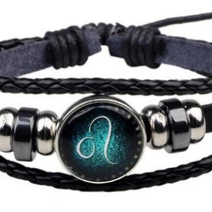 Handmade multilayer leather Leo zodiac bracelet with luminous glass dome and adjustable cord