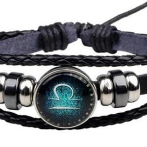 Multilayer leather Libra constellation luminous bracelet with woven bands and glass cabochon