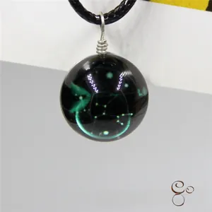 Macro detail of the green celestial sphere pendant with zodiac constellation patterns
