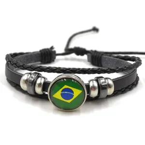 Multilayer leather bracelet with Brazil flag pattern and adjustable braided cord