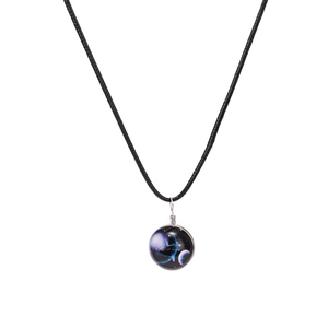 Cosmic galaxy pendant necklace with blue sapphire glass ball and black cord for women