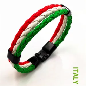 Detail of woven Italian flag colors sports bracelet with black plastic buckle